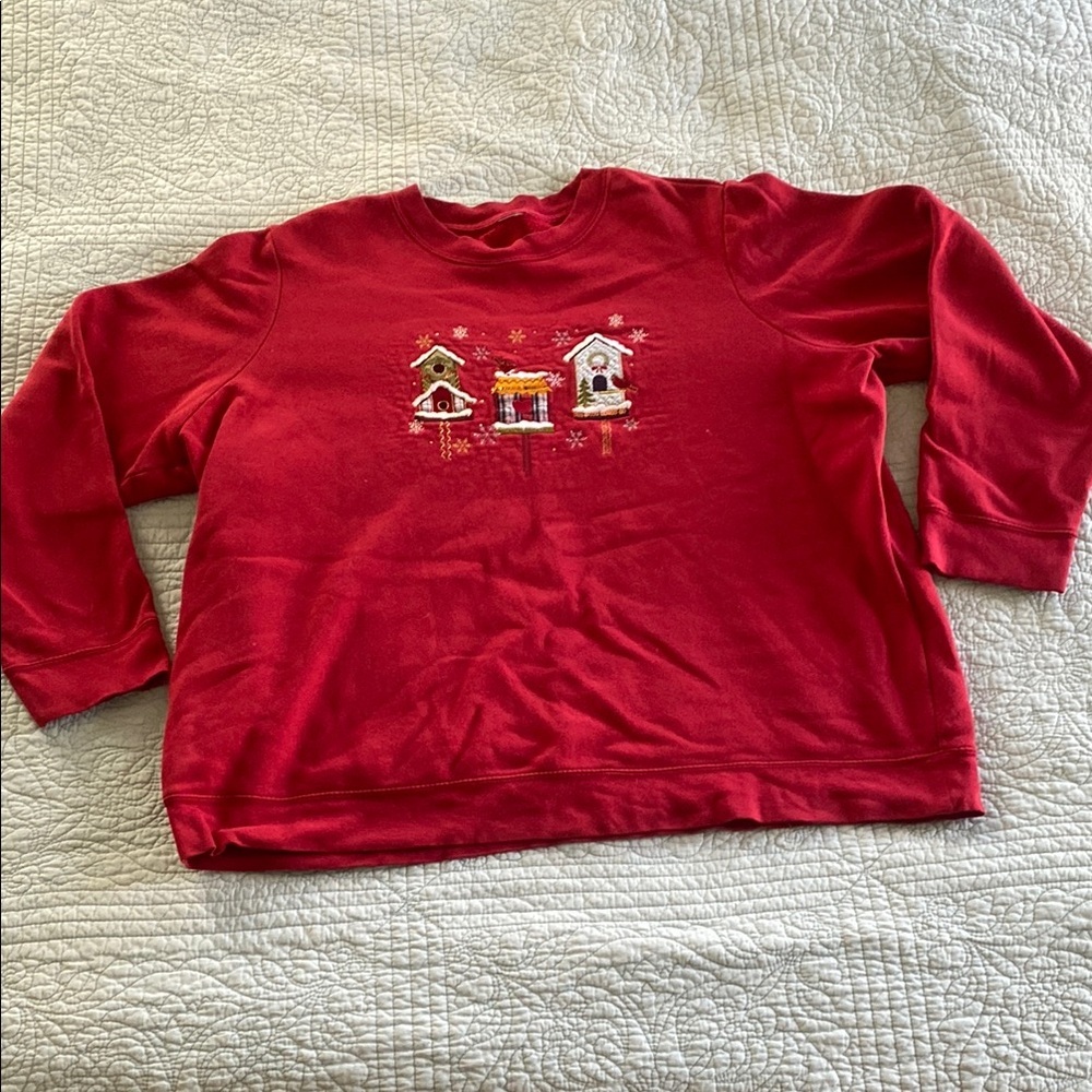 Red Holiday Sweatshirt with Birdhouse Design